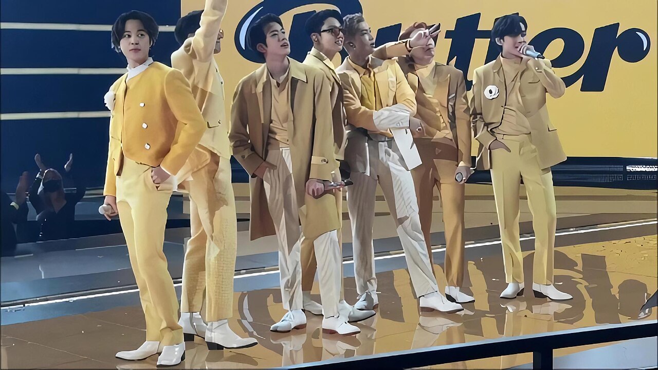 BTS posando en la alfombra de los American Music Awards de 2021, la era de Butter